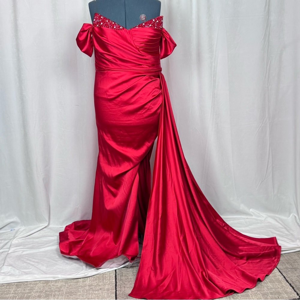 Red Ruched Off-Shoulder Prom Gown - Picture 2 of 16